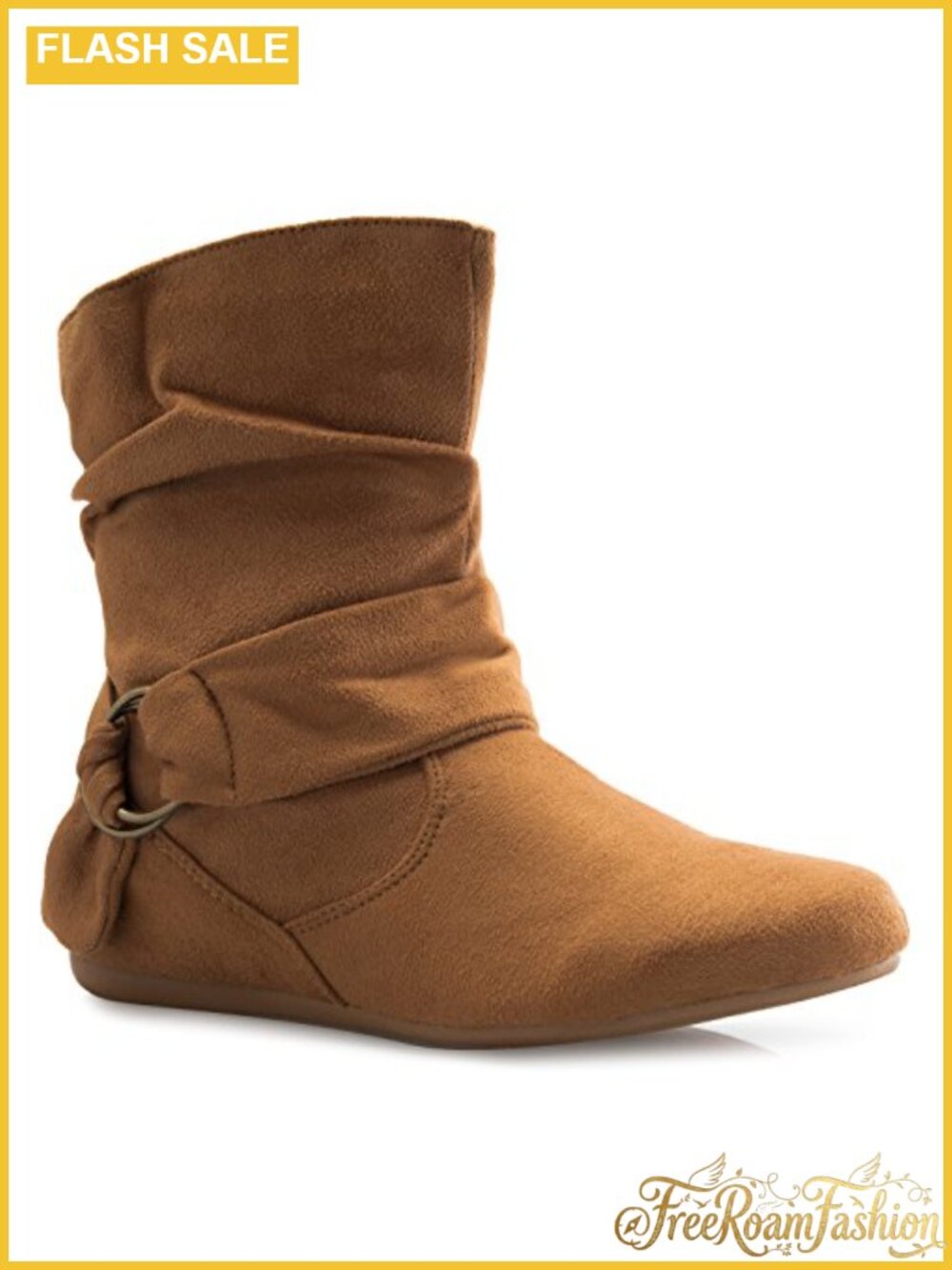 Faux Suede Slouch Ankle Boots Low Kitten Heel Buckle Zip Casual
